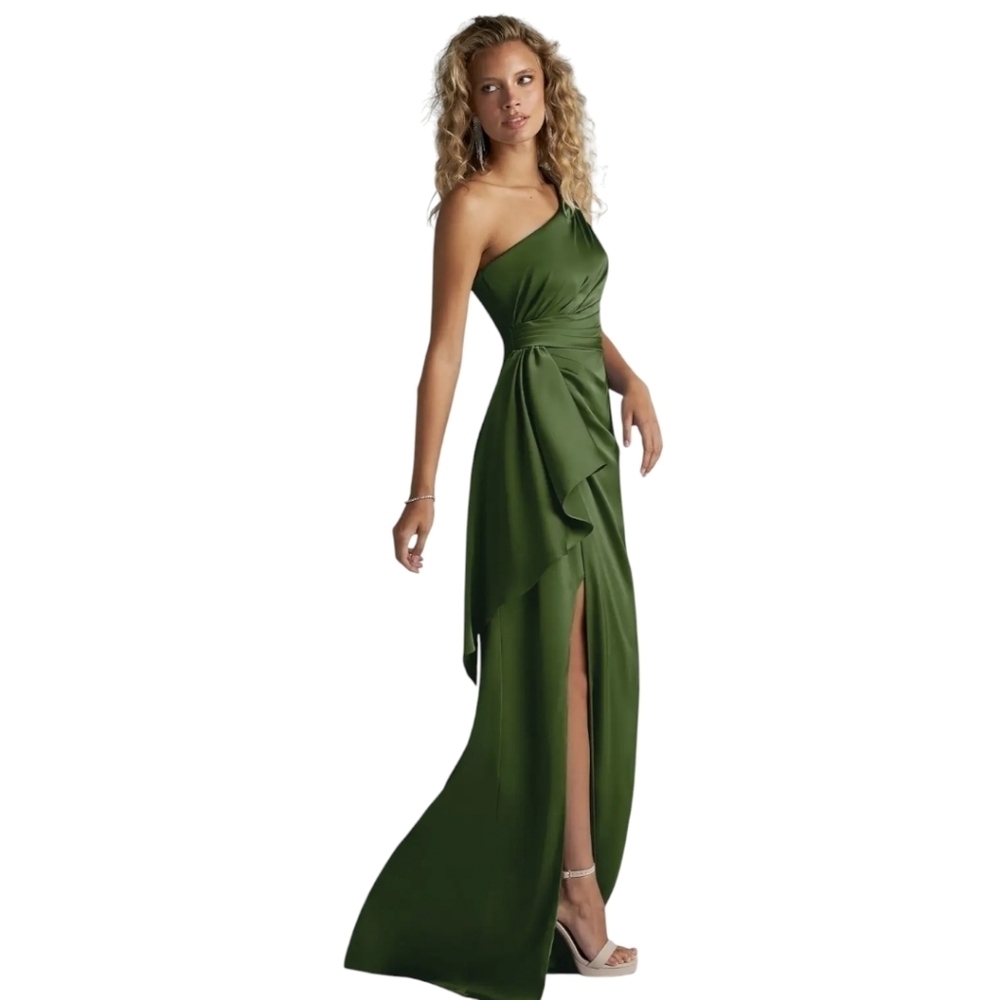 Azazie Olive Green One-Shoulder Draped Evening Gown
